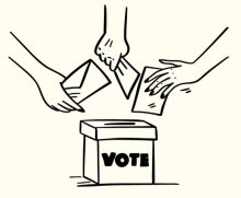 Hands putting ballots in a VOTE box